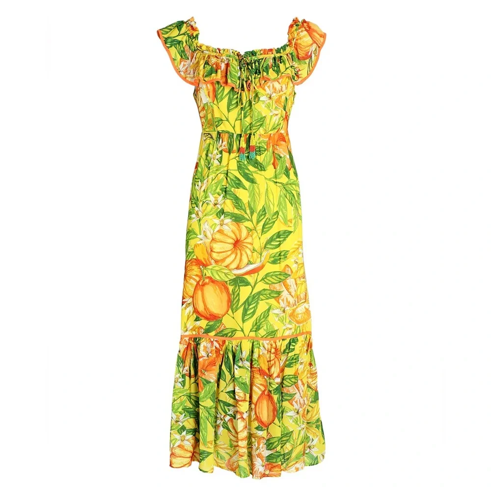 FARM Rio Tangerines Ruffled Midi Dress Size Medium - Picture 2 of 3